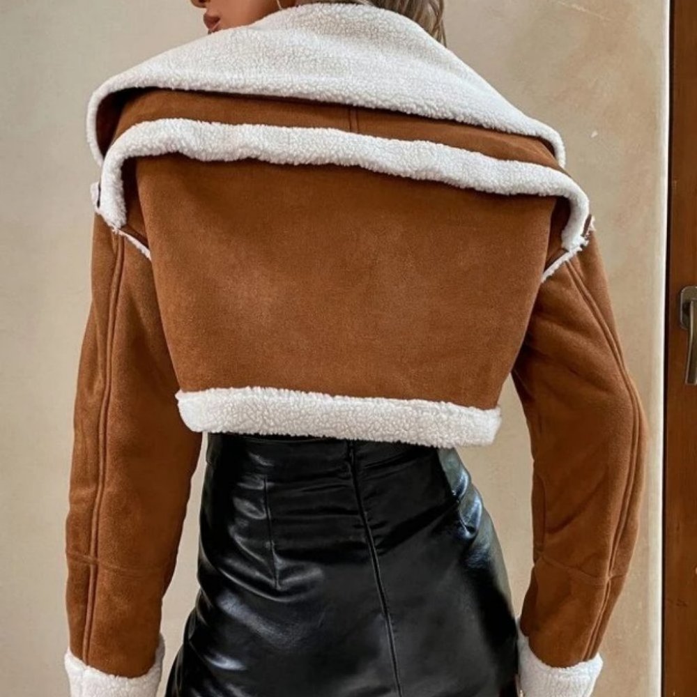 Zip Up Teddy Lined faux-Suede Crop Jacket Coat - Picture 3 of 8